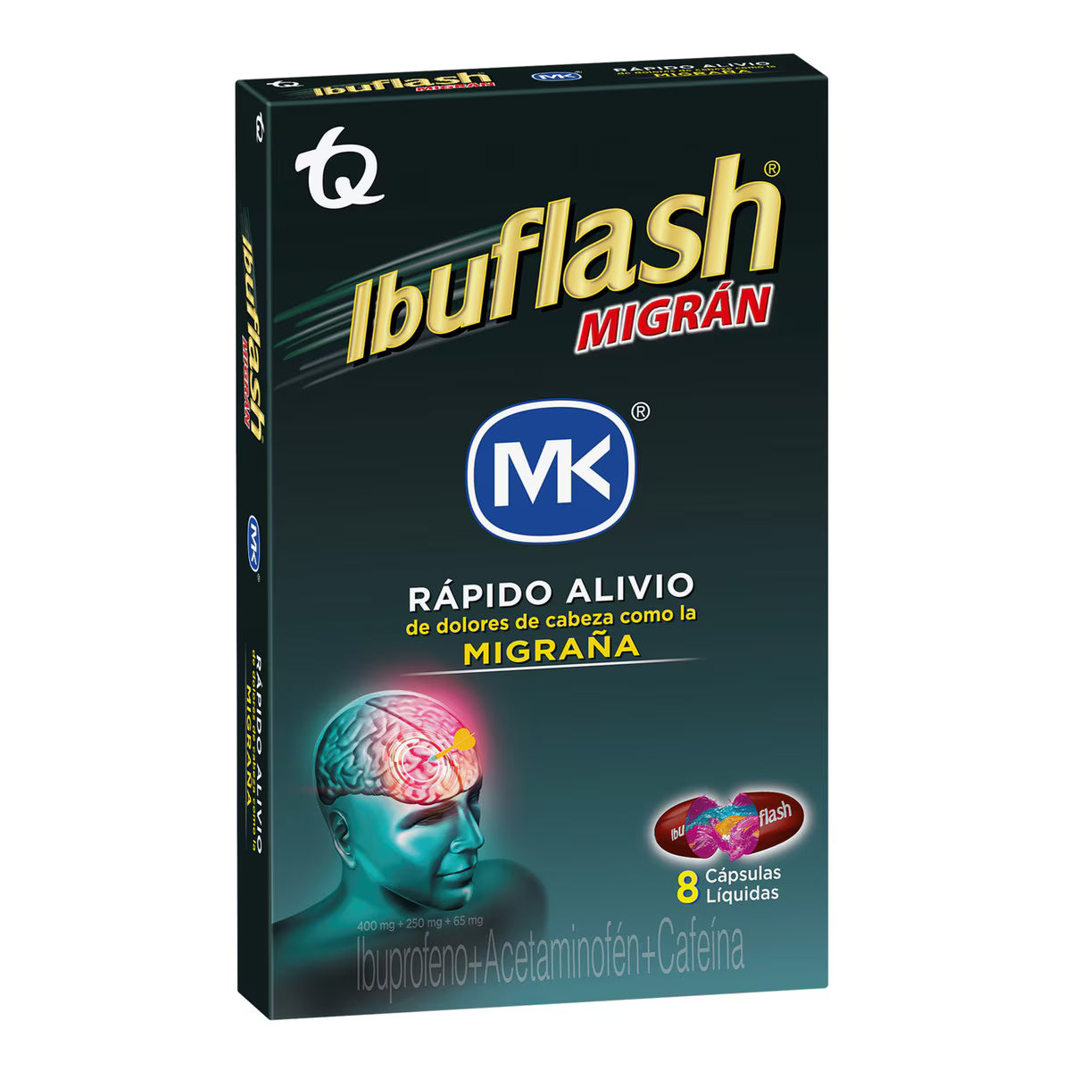 Ibuflash Migran Ibuprofeno + Acetaminofén + Cafeína 400mg/250mg/65mg Mk Caja X 8 Cápsulas