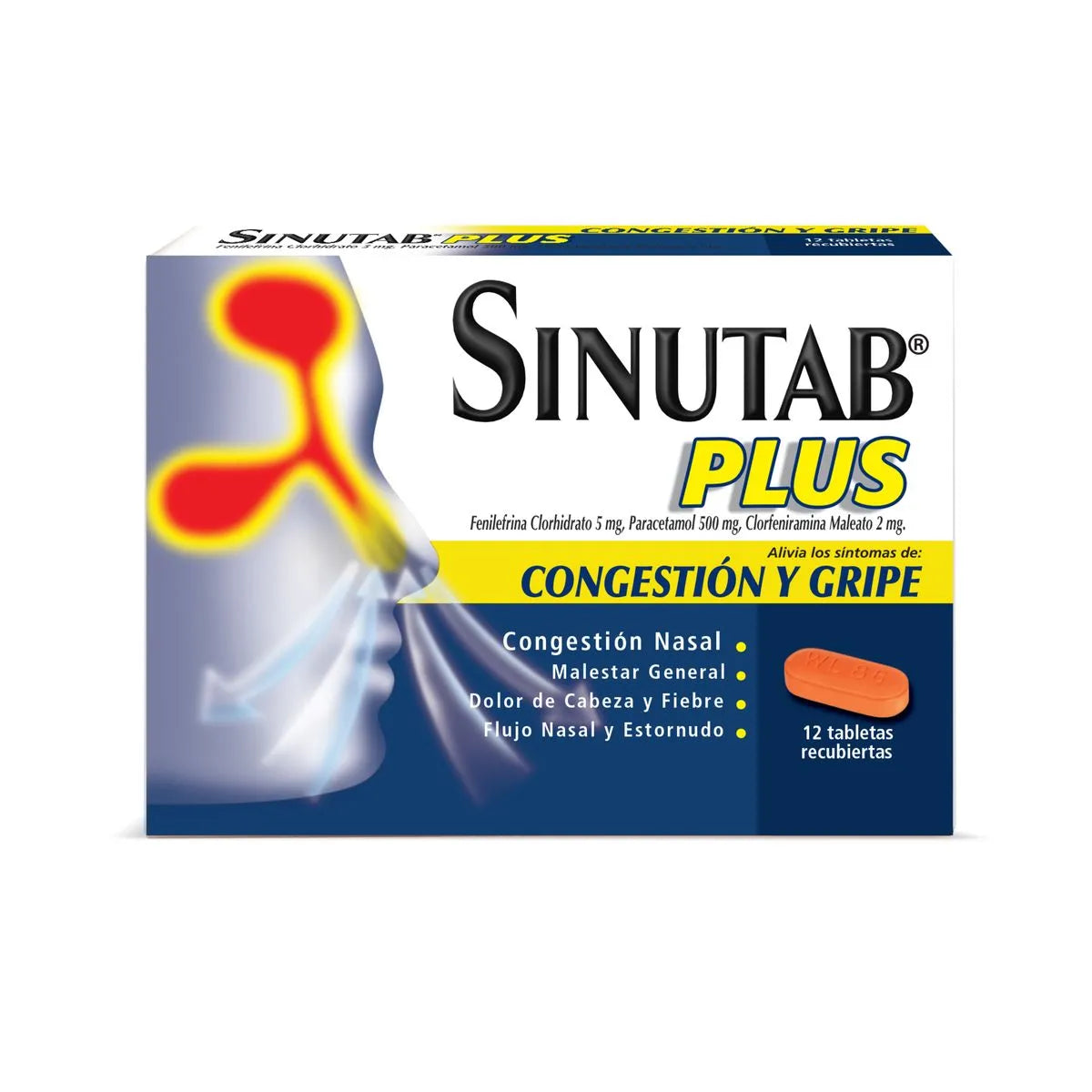 Sinutab Plus Paracetamol + Fenilefrina + Clorfeniramina 500mg/5mg/2mg Caja X 12 Tabletas