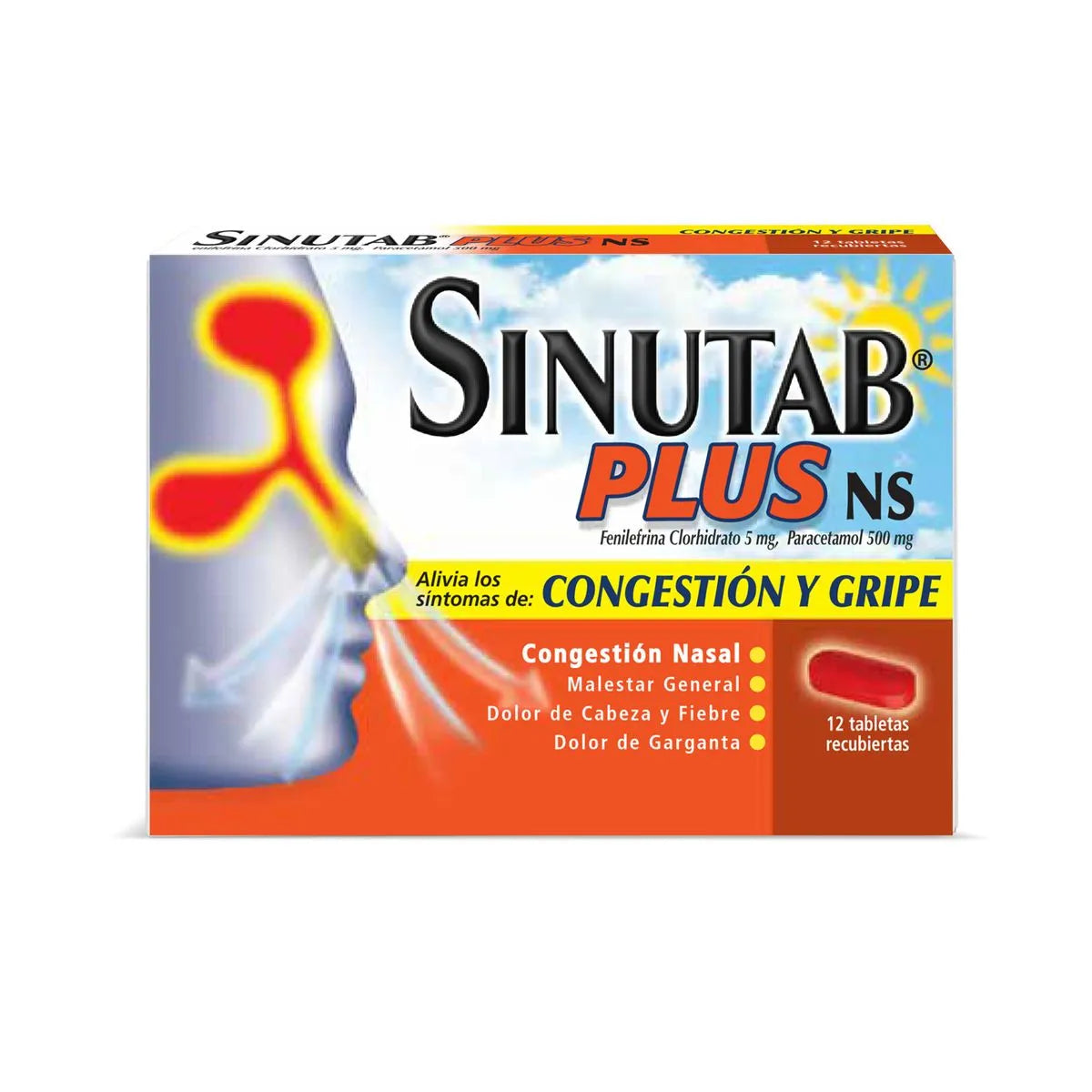 Sinutab Plus Ns Día Paracetamol + Fenilefrina 500mg/5mg Caja X 12 Tabletas