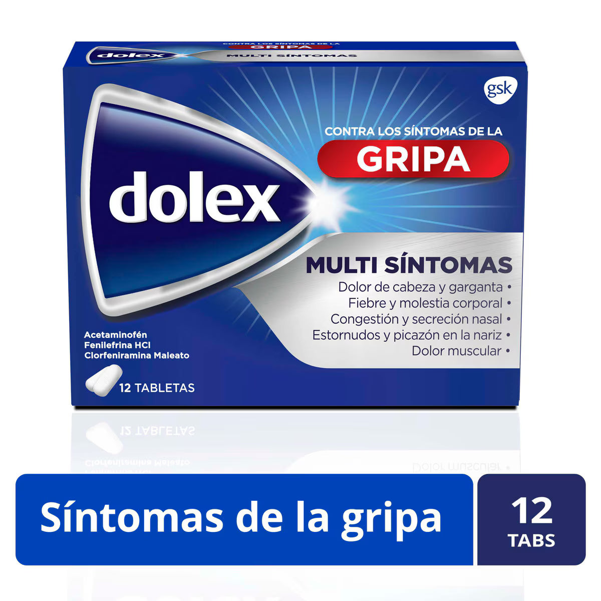 Dolex Gripa Acetaminofen + Clorfeniramina + Fenilefrina 500mg/2mg/5mg X 12 Tabletas