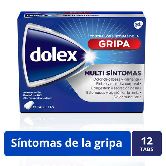 Dolex Gripa Acetaminofen + Clorfeniramina + Fenilefrina 500mg/2mg/5mg X 12 Tabletas
