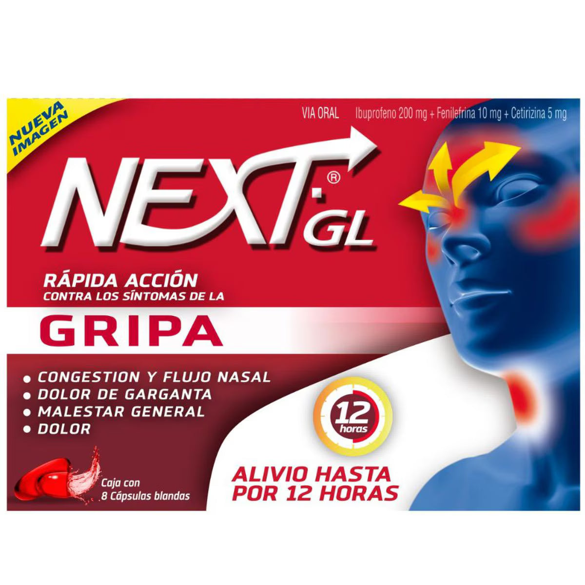 Next Gl Gripa Ibuprofeno + Fenilefrina + Cetirizina 200/10/5mg Genomma Caja X 8 Cápsulas
