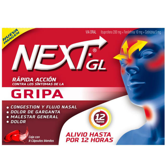 Next Gl Gripa Ibuprofeno + Fenilefrina + Cetirizina 200/10/5mg Genomma Caja X 8 Cápsulas
