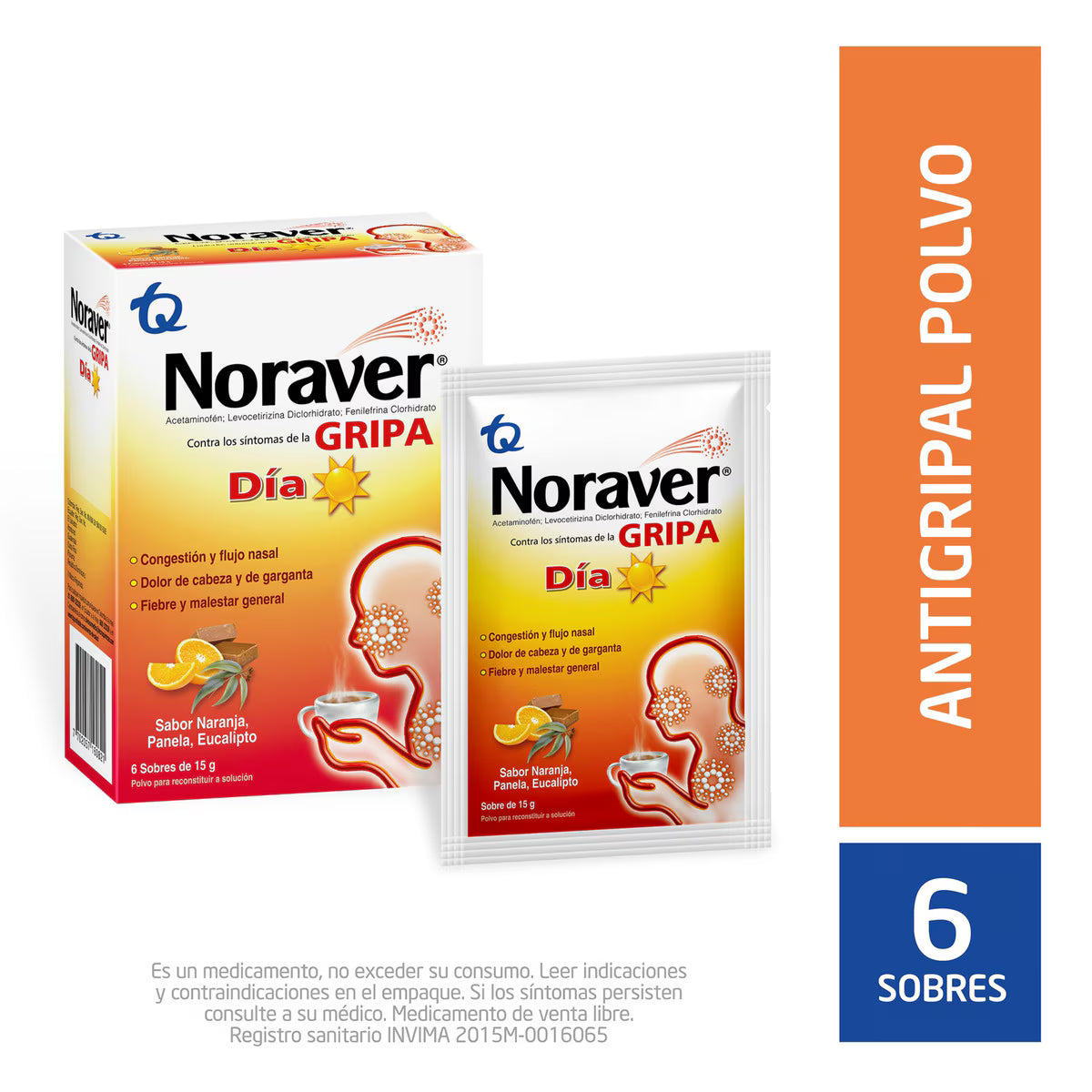 Noraver Gripa Día Naranja Panela Ibuprofeno + Fenilefrina + Cetirizina 200/10/3,33mg Caja X 6 Sobres
