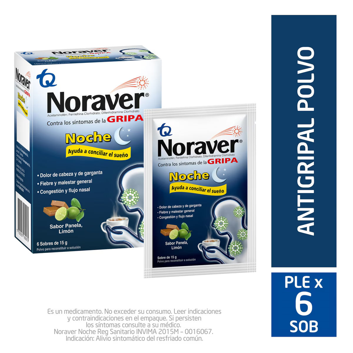 Noraver Gripa Noche Panela Limón Ibuprofeno + Fenilefrina + Cetirizina 200/10/3,33mg Caja X 6 Sobres