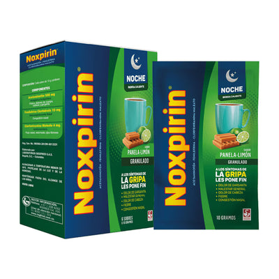 Noxpirin Noche Adultos Panela Limón Acetaminofén 500 mg + Clorfeniramina 4 mg + Fenilefrina 10 mg Caja X 6 Sobres