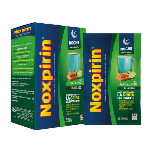 Noxpirin Noche Adultos Panela Limón Acetaminofén 500 mg + Clorfeniramina 4 mg + Fenilefrina 10 mg Caja X 6 Sobres